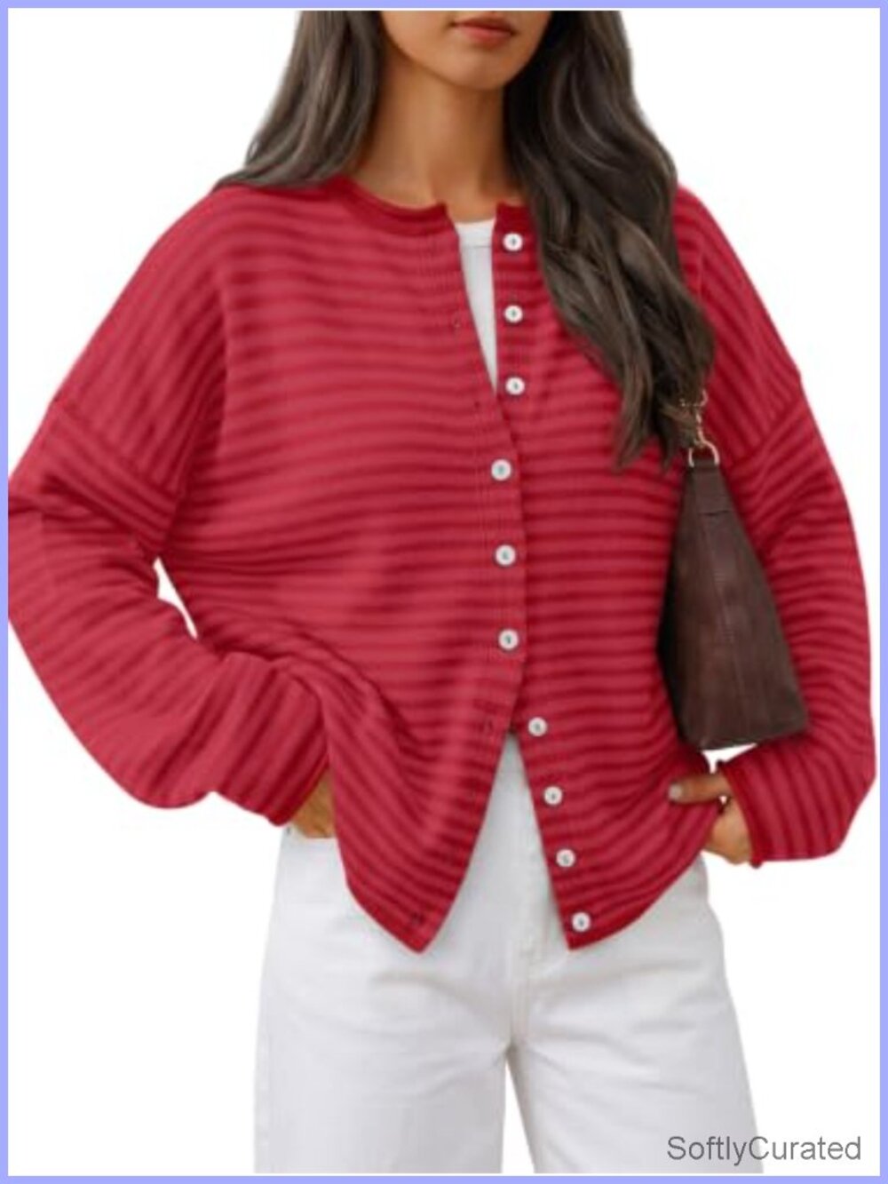 Oversized Striped Cardigan Button Front Rolled Edge Knit Lightweight